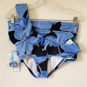 New Women Blue Floral Bikini Set One Shoulder Size Medium NWT